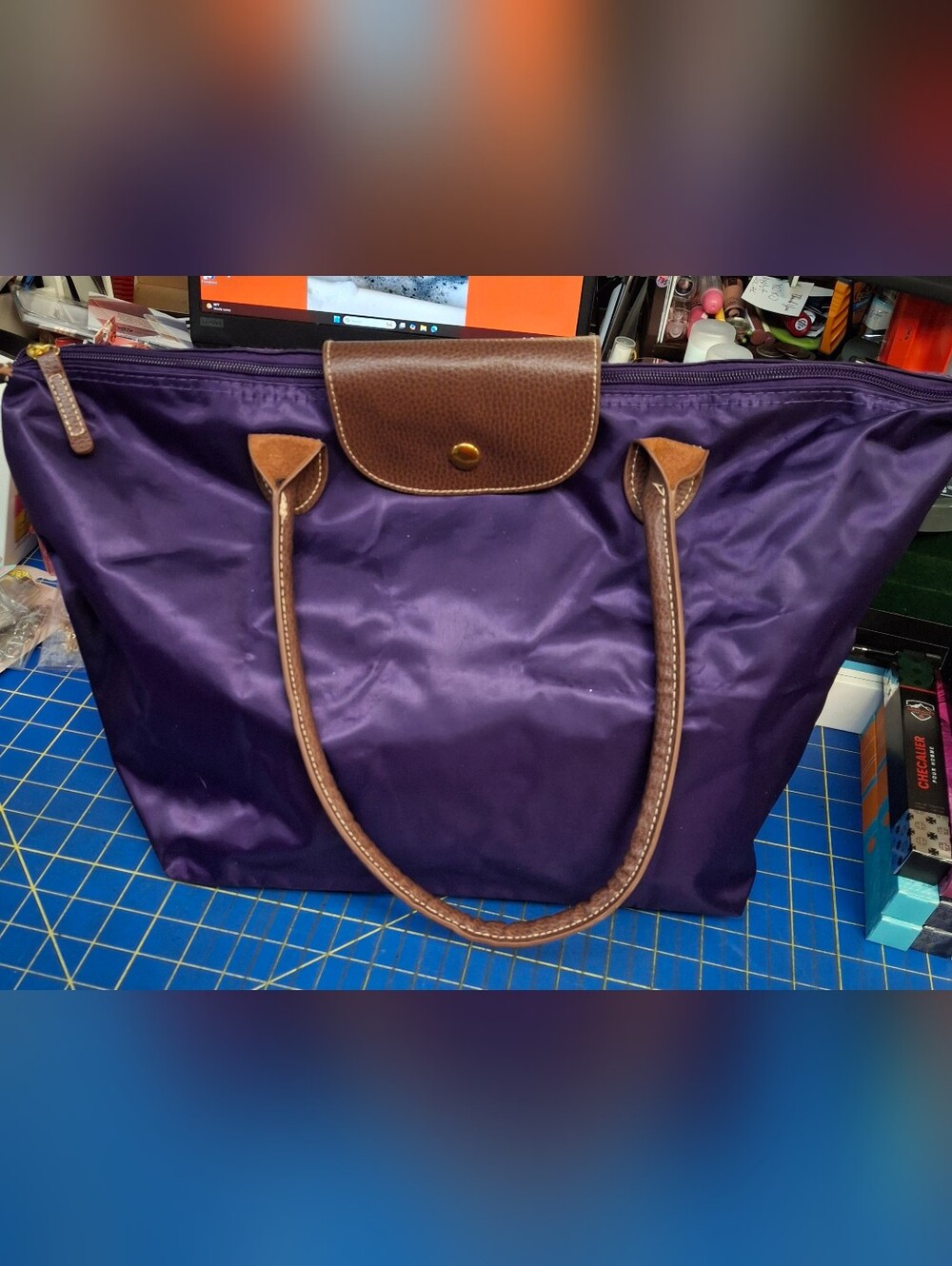 Purple Tote Preloved Brown Leather Trim - Picture 1 of 9